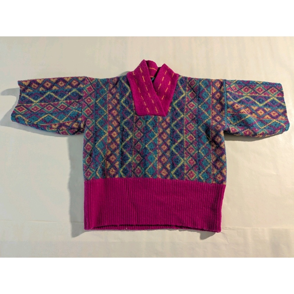 Vintage EJR Pink Multi Wool Geometric Pullover Sweater Toddler Shawl Collar